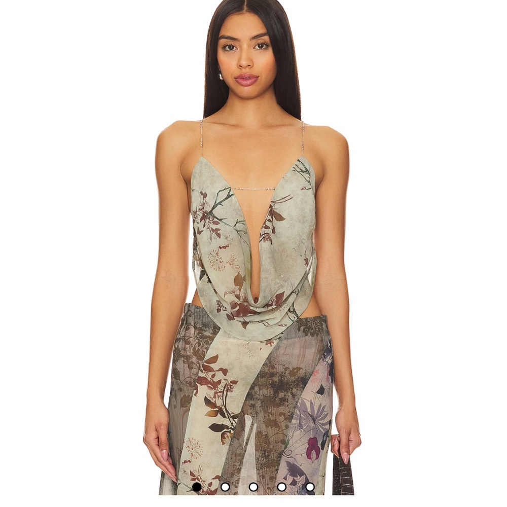 Jaded London Floral Plunge Top - Green and Brown
